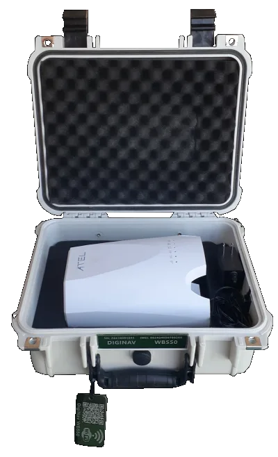 Actual white rugged 5Gspot case opened to show ATEL WB550 router