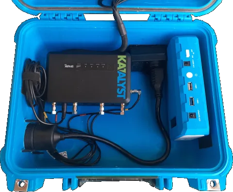 Interior of blue 5GIRL showing Katalyst Spark router, internal battery, and arranged connections