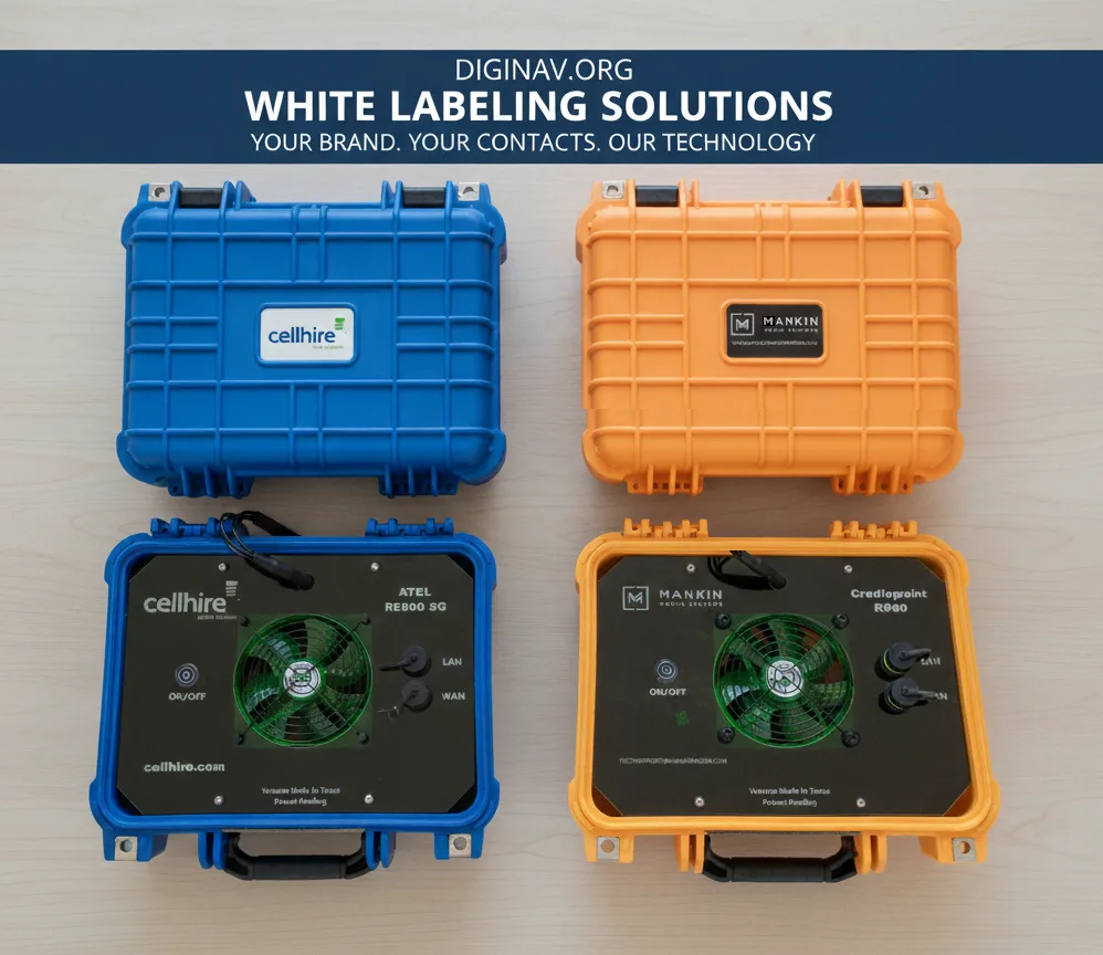Actual custom-branded blue and orange DigiNav rugged cases, shown closed and open