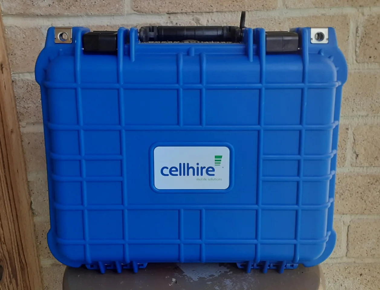 Closed blue custom-branded rugged case