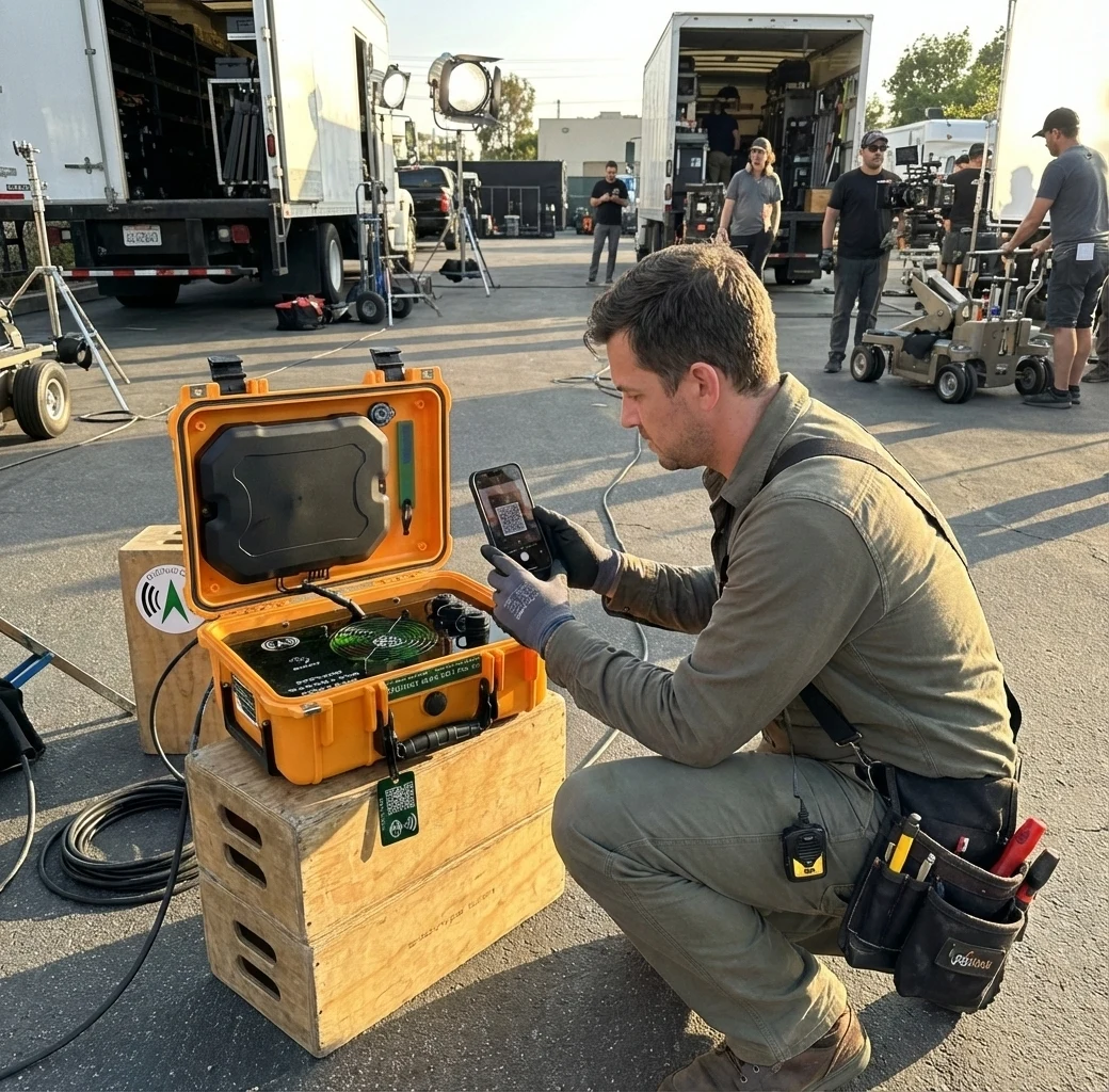 Portable connectivity case alongside equipment at a motion picture production location