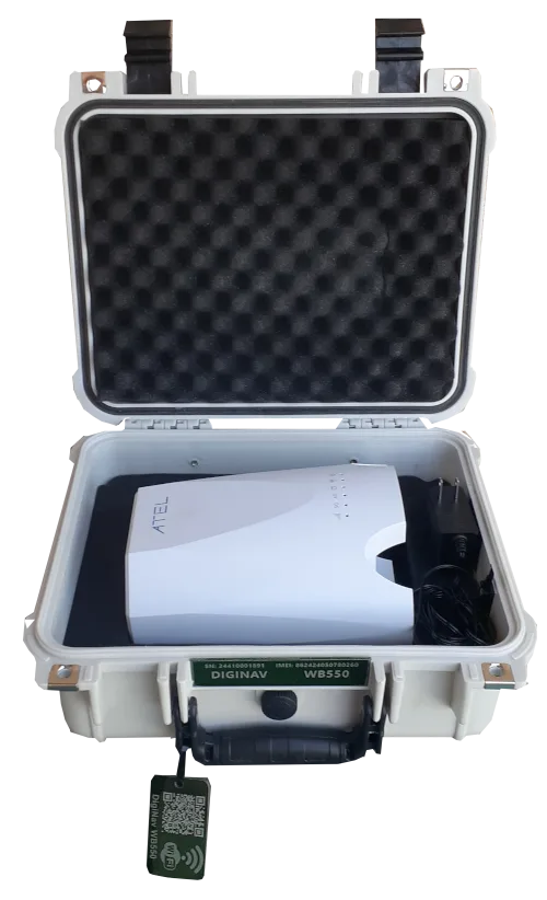 Completed DigiNav transit case with custom-cut foam holding an ATEL WB550 radio and accessories